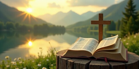 Open Bible with cross resting on a wooden pedestal in front of a serene landscape, Nature, Reflections
