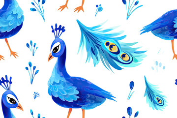 Obraz premium Watercolor Peacocks Seamless Pattern: Blue Avian Wildlife Design