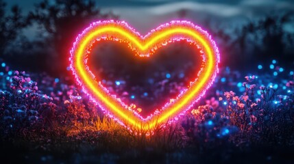 Fototapeta premium Design a glowing heart-shaped garden from floating neon pixels
