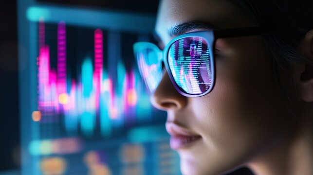 Focused female programmer coding late at night, programming screens reflecting in glasses, vibrant data visualizations glowing behind her workspace