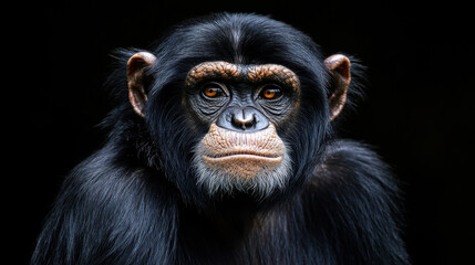 Fototapeta premium close up portrait of chimpanzee with expressive features and dark fur, showcasing its intelligent gaze and unique facial structure. image captures essence of wildlife