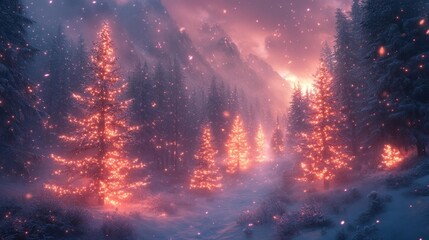 Fototapeta premium Winter Forest with Glowing Trees. Generative AI