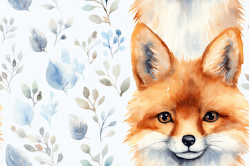 Obraz premium Watercolor Painting of a Fox with Delicate Blue and Green Leaves