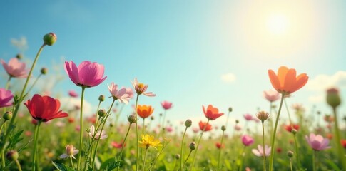 Naklejka premium Soft focus of wildflowers against a serene summer sky, serene, nature, sunlight