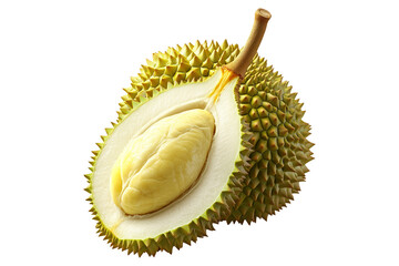 Obraz premium Closeup of whole durian and one cut open showing creamy flesh isolated on white transparent background, exotic fruit concept.
