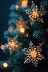 Fototapeta premium Sparkling snowflakes on a bright Christmas tree background, decoration, sparkly