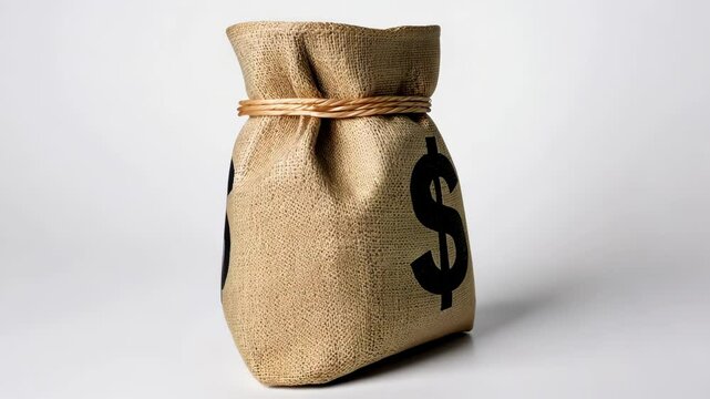 Rotating money bag, displaying tied burlap sack with dollar sign, spinning against white backdrop