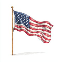 Waving American Flag Illustration on White Background