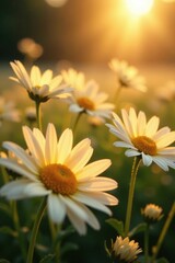 Fototapeta premium Warm sunlight filtering through the daisy blooms, warm, dappled