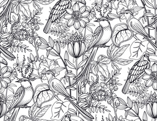 Vector seamless pattern with tropical plants and flowers, wild exotic birds. © natality