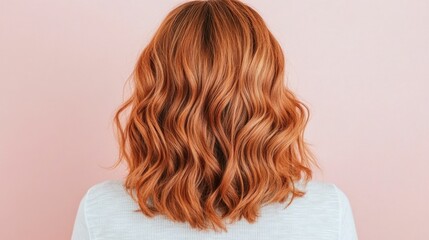 Fototapeta premium Closeup portrait of a woman with vibrant bouncy and glossy ginger waves Her hair has been treated with a nourishing honey and avocado repair hair mask resulting in a radiant healthy