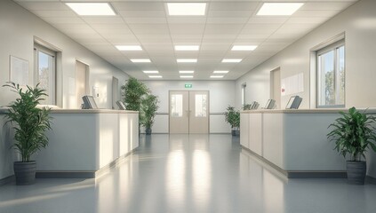 Fototapeta premium Modern Hospital Corridor Design: Clean, Bright, and Serene
