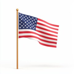 Fototapeta premium Waving American Flag on Wooden Pole Against White Background