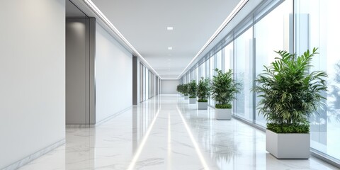 Obraz premium Modern Office Corridor Design: Luxurious Marble Floors and Panoramic Windows