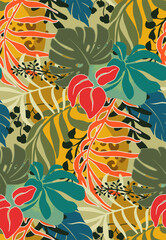 Bright vector seamless pattern with colorful tropical plants and flowers, palm leaves. Cute botanical abstract contemporary endless background.