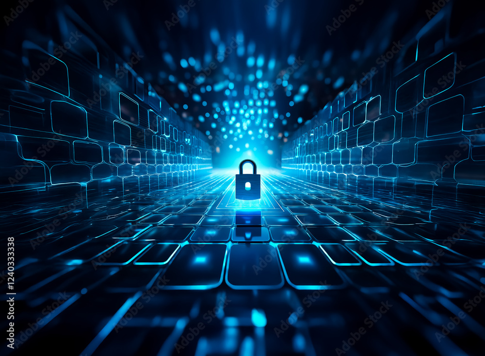 Aufkleber a glowing padlock sits at the center of a digital tunnel, symbolizing data security and cyber protec