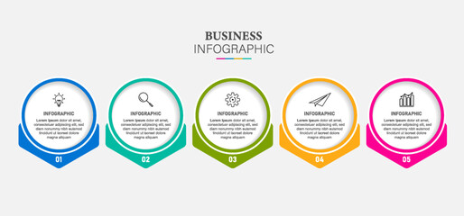 Infographic circle label design business vector template with icons and 5 options or steps. Can be used for process diagram, presentations, workflow layout, banner, flow chart, info graph