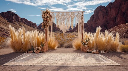 A wedding altar with macram?(C) details, pampas grass, and earthy tones in a desert setting.