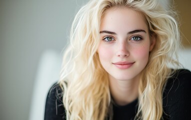 Naklejka premium Elegant Blonde in Chic Setting - Modern, Neutral Tones