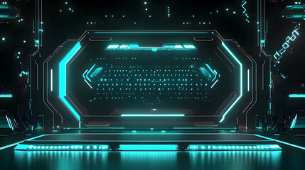 Futuristic portal, glowing blue, dark room, tech background; website banner