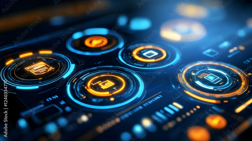 Poster futuristic interface dashboard; digital data; glowing display; control panel; tech background; websi