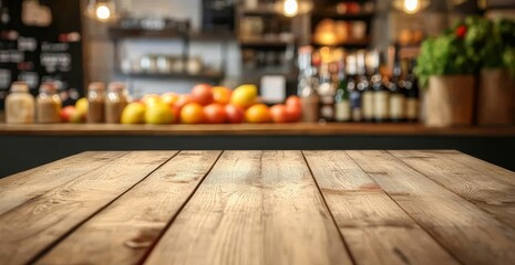Wooden table, cafe backdrop, fruit display, advertising
