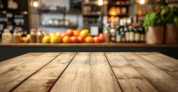 Wooden table, cafe backdrop, fruit display, advertising