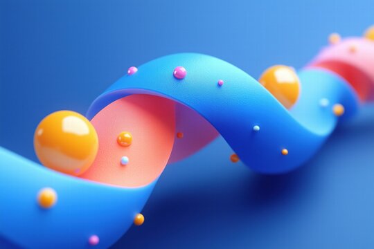 A colorful abstract design featuring a twisting ribbon in blue, pink, and orange, adorned with spherical shapes in various sizes. The background is a solid blue, enhancing the vibrant colors.