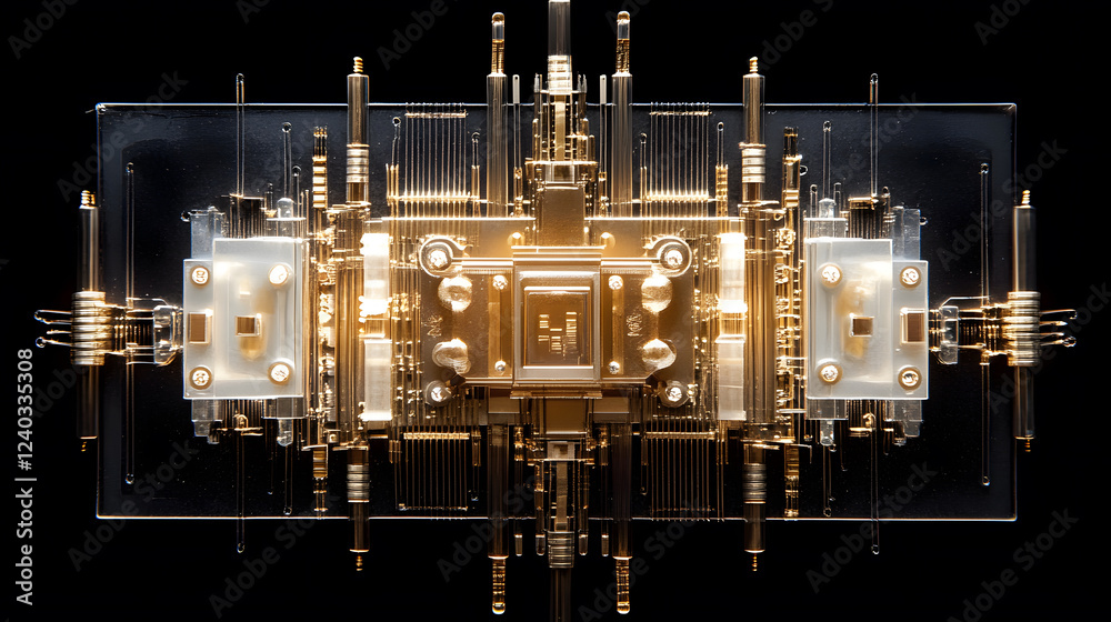Poster a futuristic, intricate golden structure with numerous metallic components, resembling advanced tech