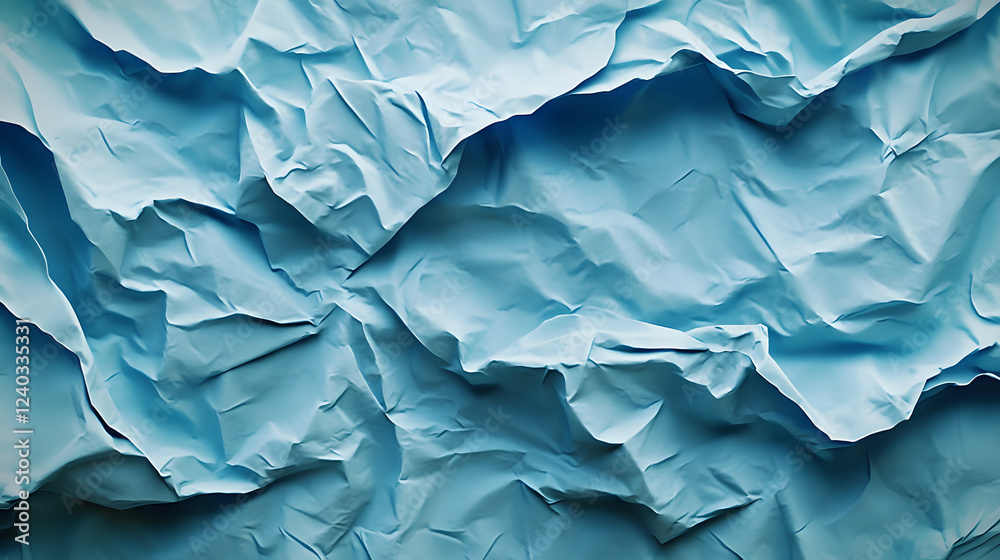 Poster a wrinkled blue paper texture showcasing various shades and folds, creating an abstract and artistic
