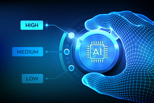 AI. Artificial intelligence. Increase the use of artificial intelligence and automation technology. Neural networks. Wireframe hand setting a level knob button on highest position. Vector illustration