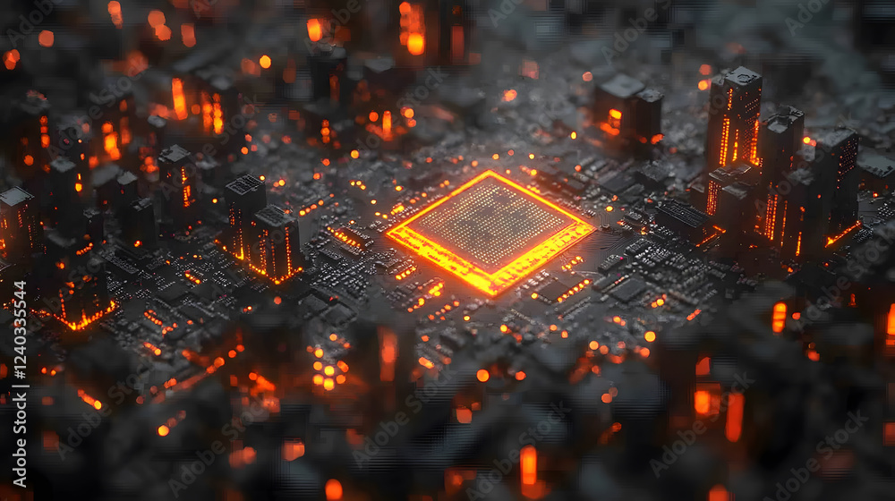 Poster a futuristic microchip glows amidst a dark, circuit-like landscape, symbolizing advanced technology 