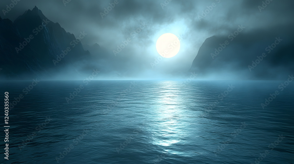 Poster a serene and mystical landscape featuring a moonlit sea surrounded by foggy mountains, creating an e