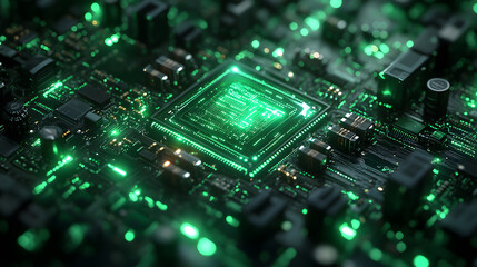 A close-up view of a glowing green microchip on a circuit board, showcasing intricate patterns and electronic components