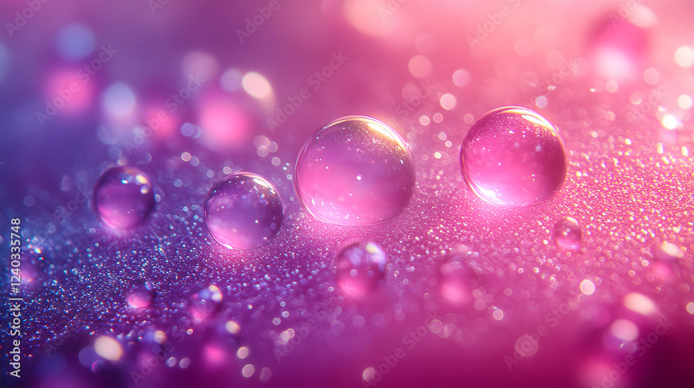 Poster a vibrant display of colorful droplets reflecting light, creating a dreamy, abstract atmosphere with