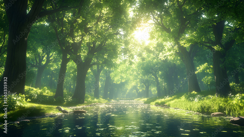 Poster a serene forest scene with lush greenery, sunlight filtering through trees, and a calm river reflect