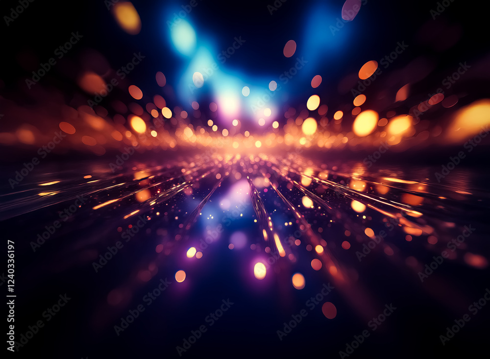 Poster Abstract image of vibrant, colorful lights streaking across a dark background, creating a sense of speed and energy.  The bokeh effect adds depth and dynamism.