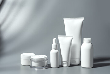 Blank white cosmetic containers on gray background