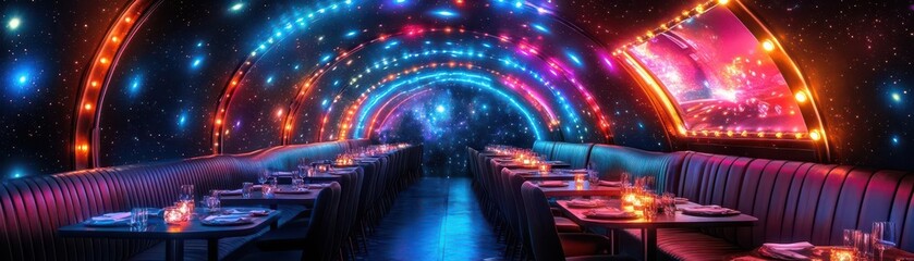 Obraz premium In the depths of space, a romantic meal awaits among vibrant lights