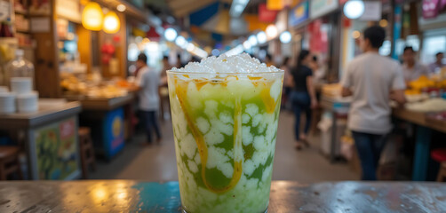 A unique Southeast Asian dessert drink with green rice flour jelly, coconut milk, and palm sugar syrup, served in a glass with crushed ice. The background is a bustling street food market.