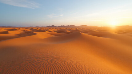 vast desert landscape features rolling sand dunes under clear sky, illuminated by warm glow of setting sun, creating serene and tranquil atmosphere