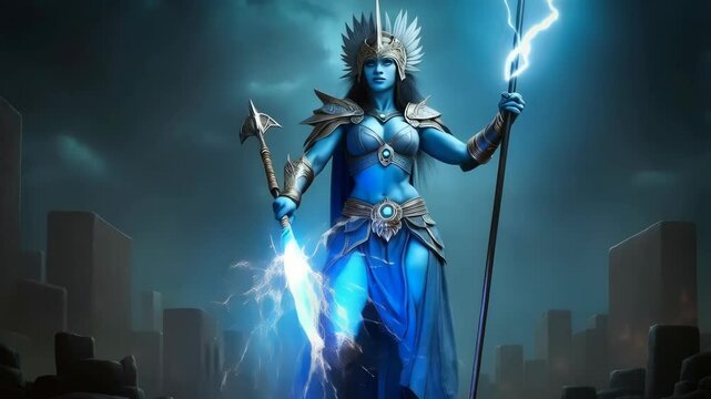 A powerful, mythical female warrior standing amidst ancient ruins