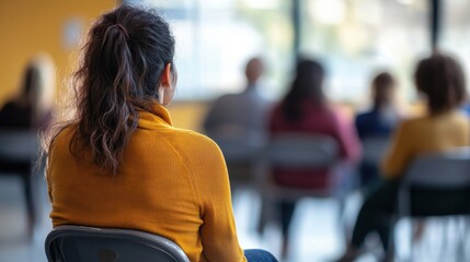 Woman in Yellow Sweater at a Conference or Meeting