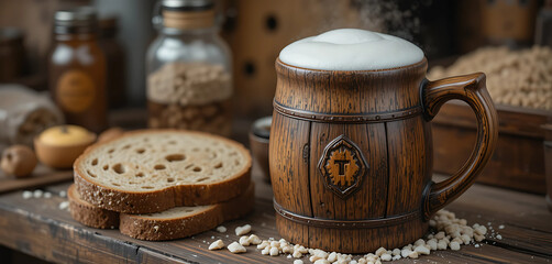 A traditional fermented bread drink in a rustic wooden mug, with foam on top and rye bread slices on the side. The setting is a traditional Eastern European market stall.