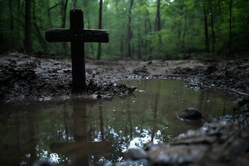  cross by a quiet forest pond