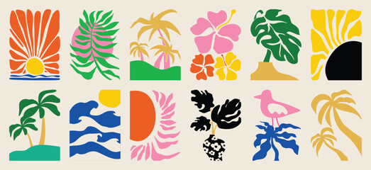 Summer botanical doodle background art vector set. Hibiscus flower, coconut tree, monstera leaf, sea. Abstract shape doodle art design for print, wallpaper, clipart, wall art for home decoration. © TWINS DESIGN STUDIO