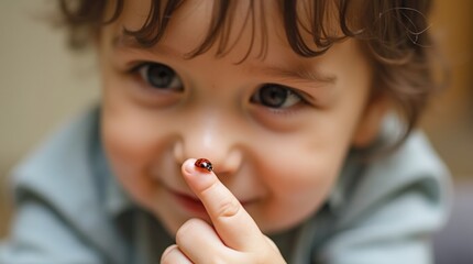 a toddler's face filled with wonder as they watch a ladybug