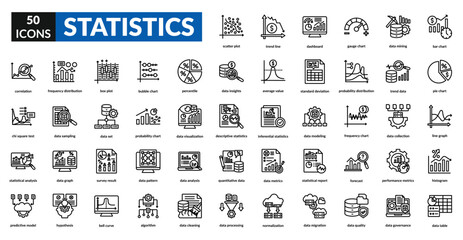Statistics line icon set collection. Data, graph, chart, analysis, report, trend, metrics, percentage, diagram, visualization, research, survey, prediction, probability, distribution, calculation