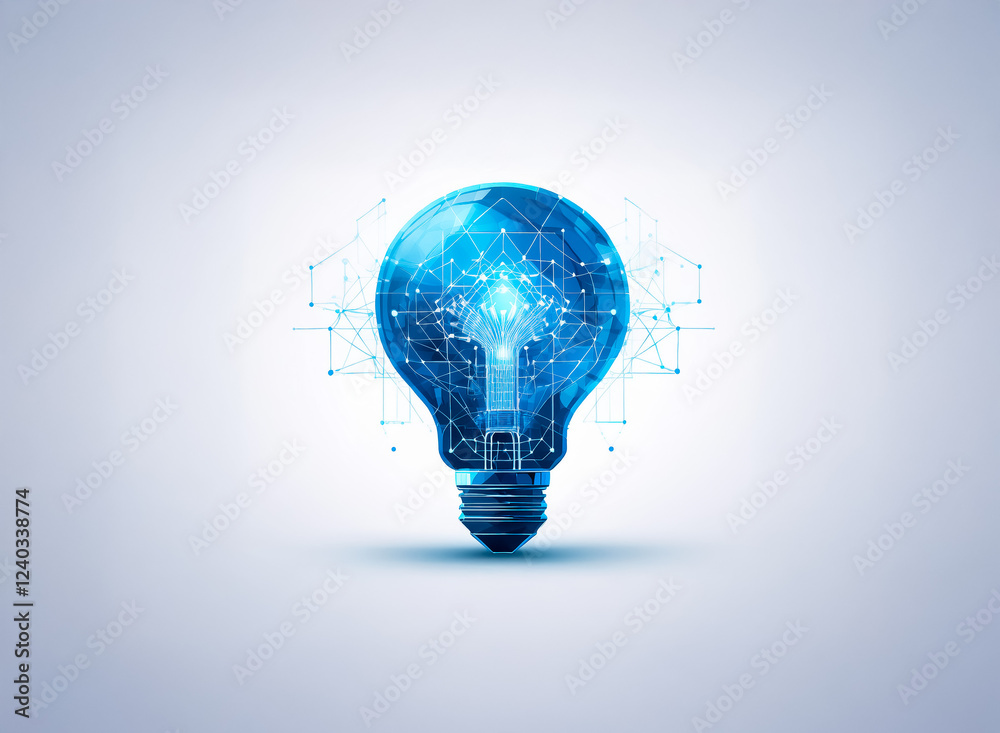 Poster A glowing blue lightbulb, symbolizing innovation and technological advancement, features internal circuitry and connected nodes, representing a network of ideas and progress.