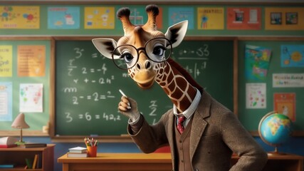 Giraffe teacher explaining math equations on chalkboard in classroom